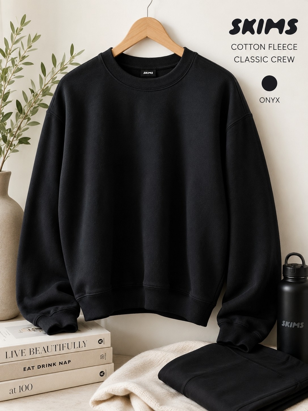 SKIMS Cotton Fleece Classic Crew Sweatshirt Onyx Black M